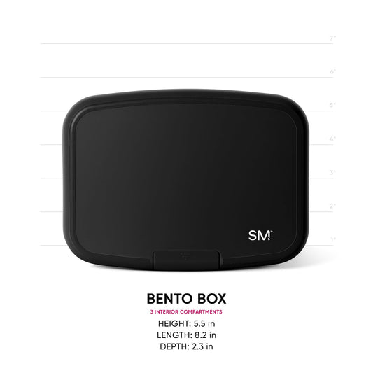 Black Simple Modern Bento Box with 3 interior compartments shown with measurement scale. Dimensions: 5.5"H x 8.2"L x 2.3"D. Hinged lid design for food storage.