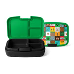 Simple Modern Minecraft-themed lunchbox with bright green exterior, black compartmentalized tray insert, and decorative lid featuring pixel art characters, TNT blocks, and creepers on white background.