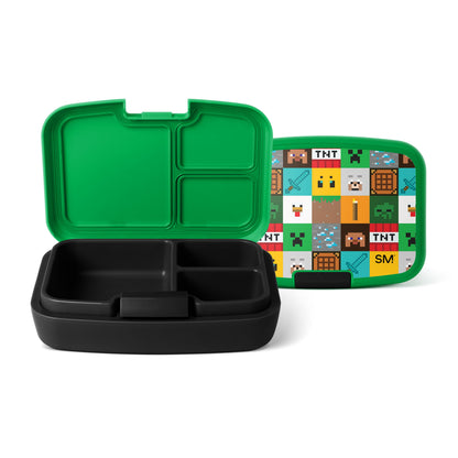 Simple Modern Minecraft-themed lunchbox with bright green exterior, black compartmentalized tray insert, and decorative lid featuring pixel art characters, TNT blocks, and creepers on white background.