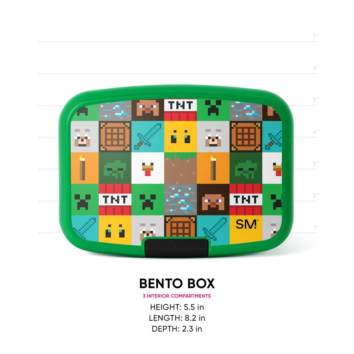 Simple Modern bento box with bright green frame and Minecraft pixel art interior design featuring Creeper faces, TNT blocks, and pickaxes. Dimensions shown: 5.5"H x 8.2"L x 2.3"D. Three interior compartments.