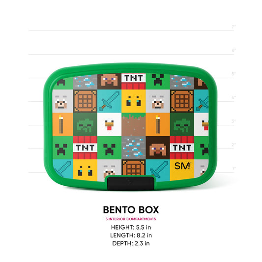 Simple Modern bento box with bright green frame and Minecraft pixel art interior design featuring Creeper faces, TNT blocks, and pickaxes. Dimensions shown: 5.5"H x 8.2"L x 2.3"D. Three interior compartments.