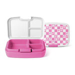 Hot pink Simple Modern lunch container with compartments, shown in three positions displaying clear lid and pink-and-white checkerboard patterned lid with doll silhouettes, displayed against white background.