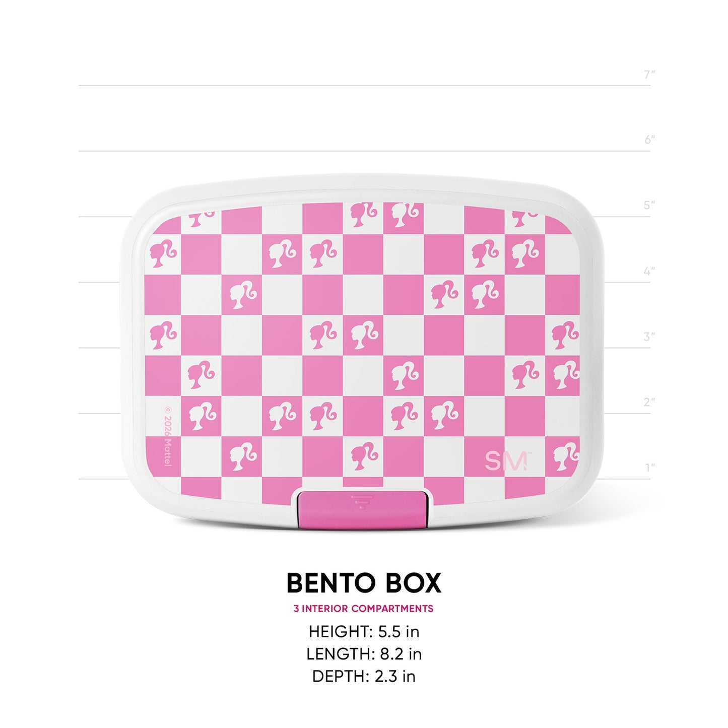 Hot pink and white checkered Simple Modern bento box with Barbie silhouettes, featuring 3 interior compartments. Dimensions shown: 5.5" H x 8.2" L x 2.3" D. Product measurement image on white background.