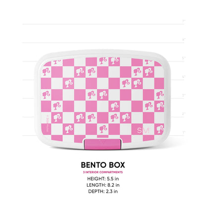 Hot pink and white checkered Simple Modern bento box with Barbie silhouettes, featuring 3 interior compartments. Dimensions shown: 5.5" H x 8.2" L x 2.3" D. Product measurement image on white background.