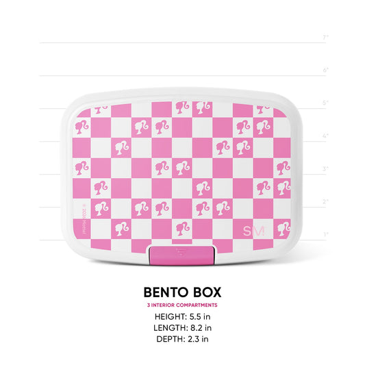 Hot pink and white checkered Simple Modern bento box with Barbie silhouettes, featuring 3 interior compartments. Dimensions shown: 5.5" H x 8.2" L x 2.3" D. Product measurement image on white background.
