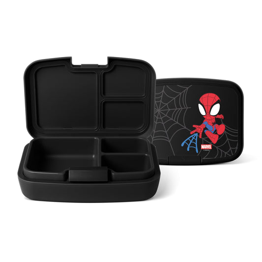 Black Spider-Man lunch container system by Simple Modern showing open base with compartments and matching lid featuring Spider-Man in red suit with blue accents and gray web pattern on white background.