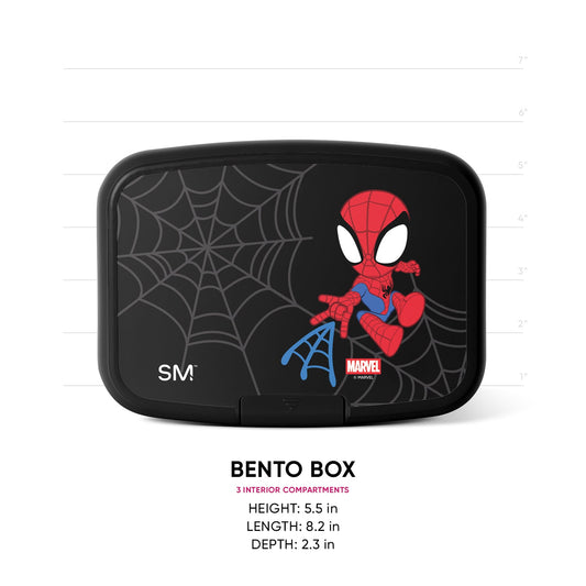 Black Spider-Man bento box with rounded edges and hinged lid, featuring red and white character illustration with blue web design. Includes product dimensions: 5.5" height, 8.2" length, 2.3" depth. Three interior