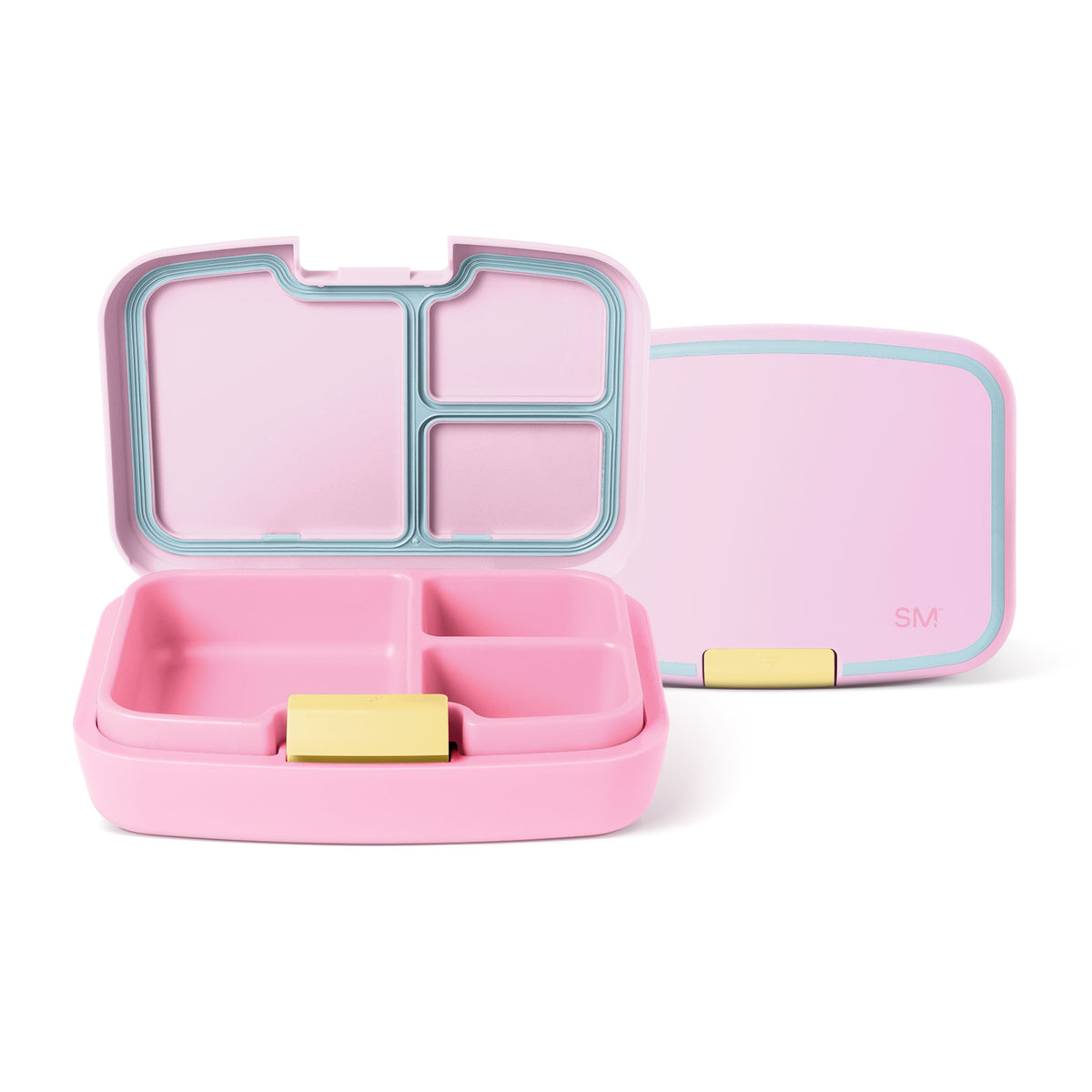 Pink bento lunch box with turquoise compartment dividers and metal latches, shown opened and closed against white background. Simple Modern brand.