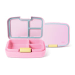 Pink bento lunch box with turquoise compartment dividers and metal latches, shown opened and closed against white background. Simple Modern brand.