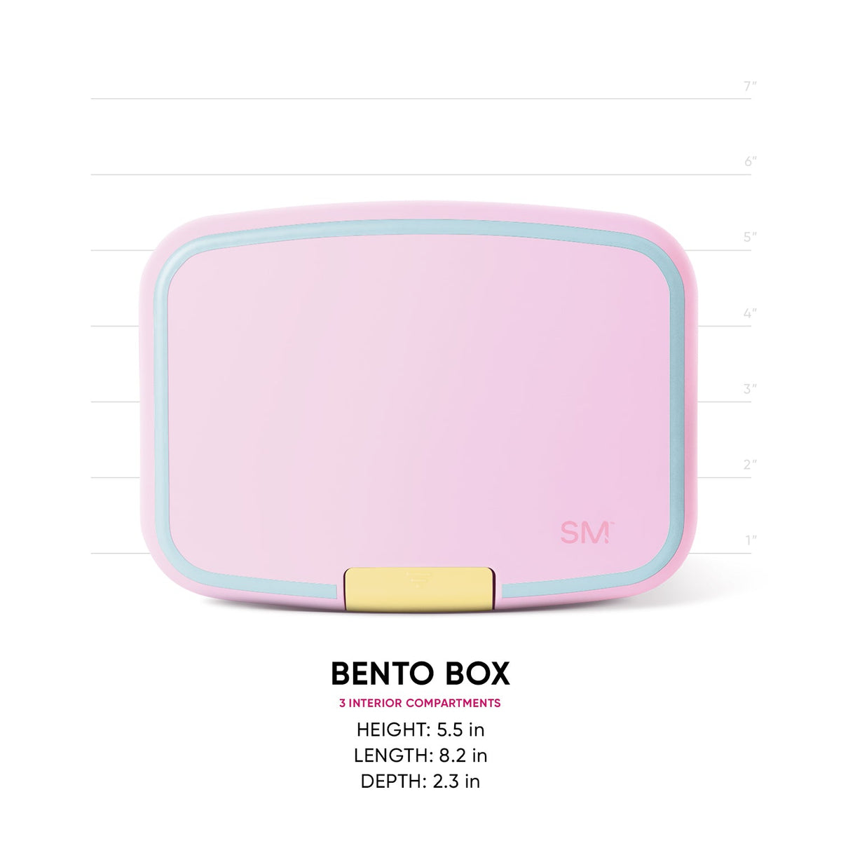 Pink Simple Modern Bento Box with mint trim and gold metal latch shown front-facing against white background with measurement scale. 3 interior compartments. Dimensions: 8.2" L x 5.5" H x 2.3" D.