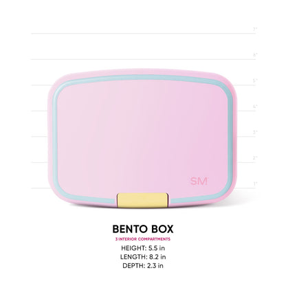 Pink Simple Modern Bento Box with mint trim and gold metal latch shown front-facing against white background with measurement scale. 3 interior compartments. Dimensions: 8.2" L x 5.5" H x 2.3" D.