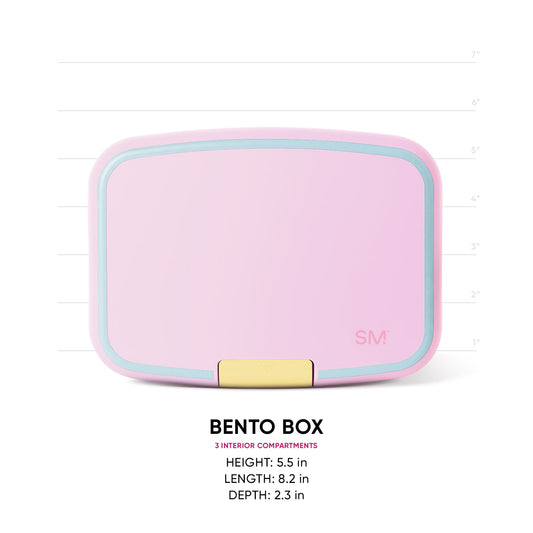 Pink Simple Modern Bento Box with mint trim and gold metal latch shown front-facing against white background with measurement scale. 3 interior compartments. Dimensions: 8.2" L x 5.5" H x 2.3" D.