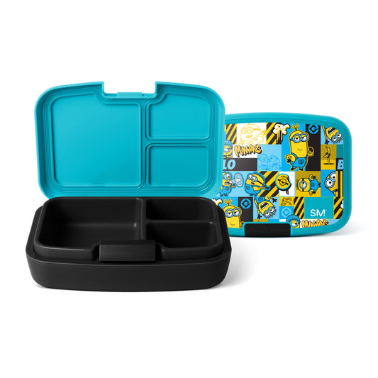 Turquoise and black Simple Modern bento lunch container with Minions design, shown open and closed with three compartments on lid and divided black base tray with center handle.