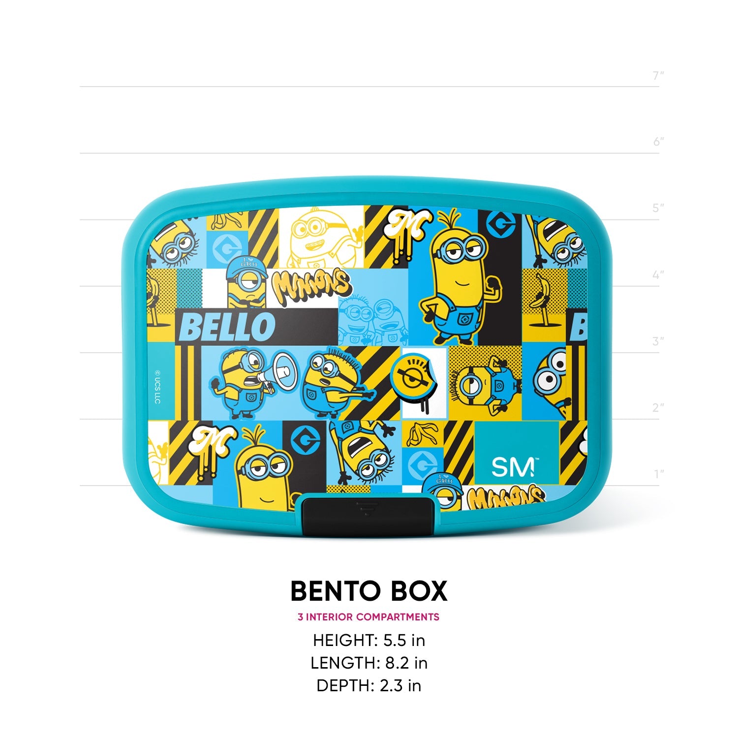 Turquoise Minions bento box by Simple Modern with colorful patchwork lid featuring yellow minions, "BELLO" text, and 3 interior compartments. Dimensions: 5.5"H x 8.2"L x 2.3"D.