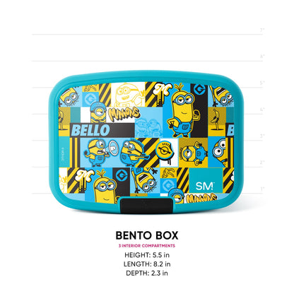 Turquoise Minions bento box by Simple Modern with colorful patchwork lid featuring yellow minions, "BELLO" text, and 3 interior compartments. Dimensions: 5.5"H x 8.2"L x 2.3"D.