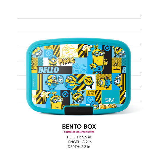 Turquoise Minions bento box by Simple Modern with colorful patchwork lid featuring yellow minions, "BELLO" text, and 3 interior compartments. Dimensions: 5.5"H x 8.2"L x 2.3"D.