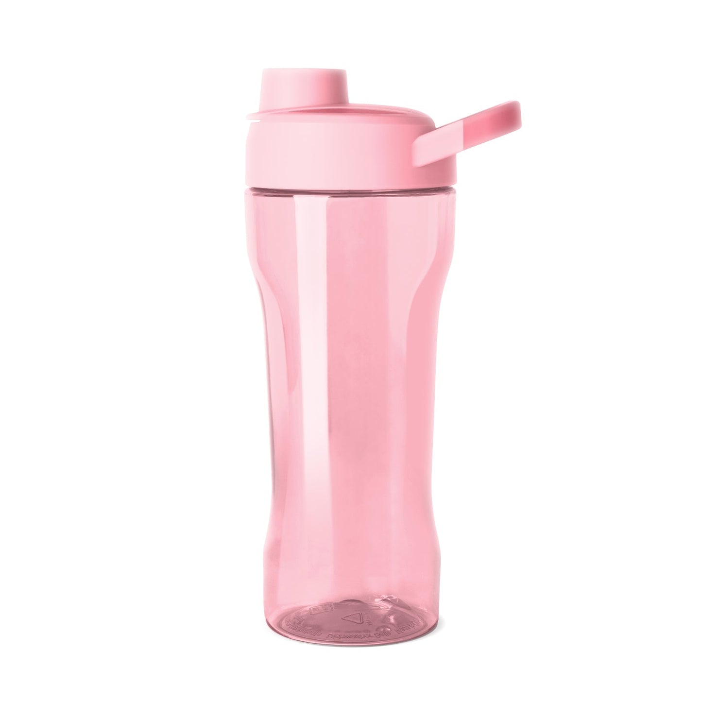 Light pink plastic bottle with matching pink liquid inside, monochromatic design, clear plastic body showing contents