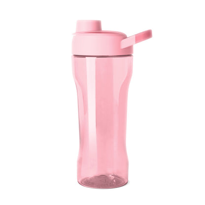 Light pink plastic bottle with matching pink liquid inside, monochromatic design, clear plastic body showing contents