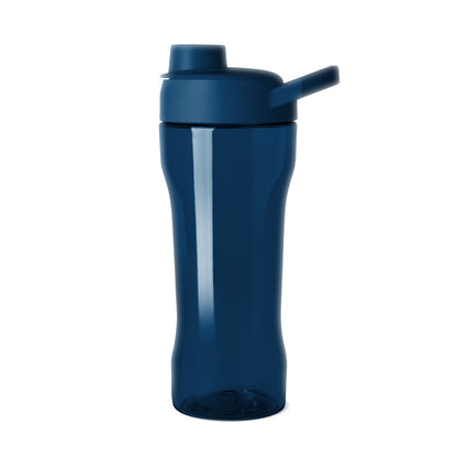 Deep navy blue translucent water bottle with matching lid, simple modern design, photographed against a neutral background.