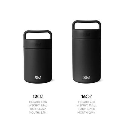 Black food storage jars with white measurement markings and labels on white background, showing container size and capacity indicators for pantry organization.