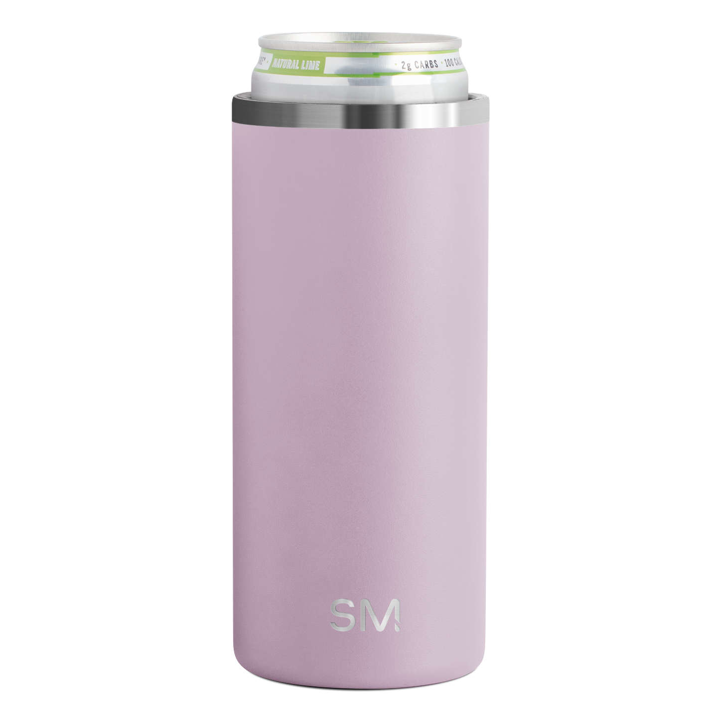 Cylindrical product with soft mauve dusty pink body and brushed stainless steel silver band around the top portion
