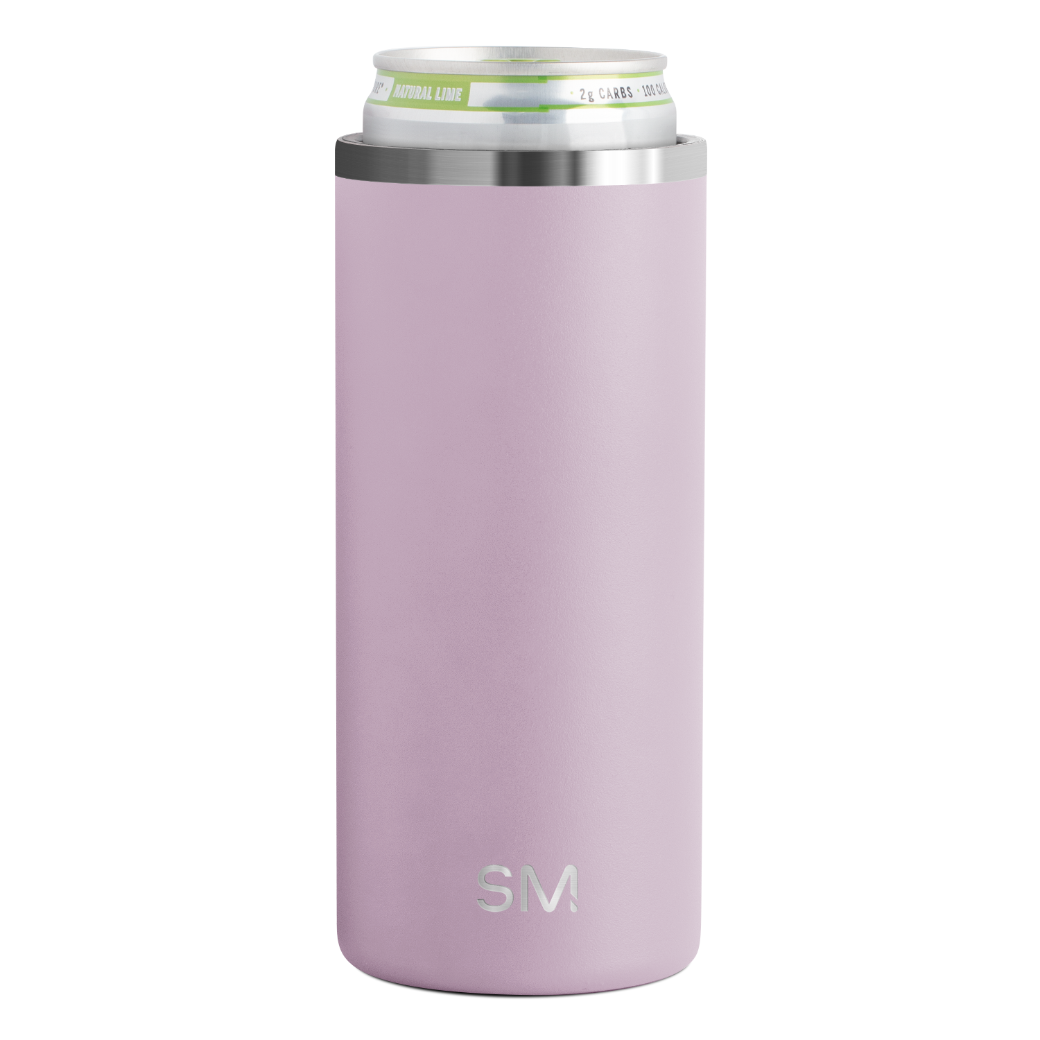 Cylindrical product with soft mauve dusty pink body and brushed stainless steel silver band around the top portion