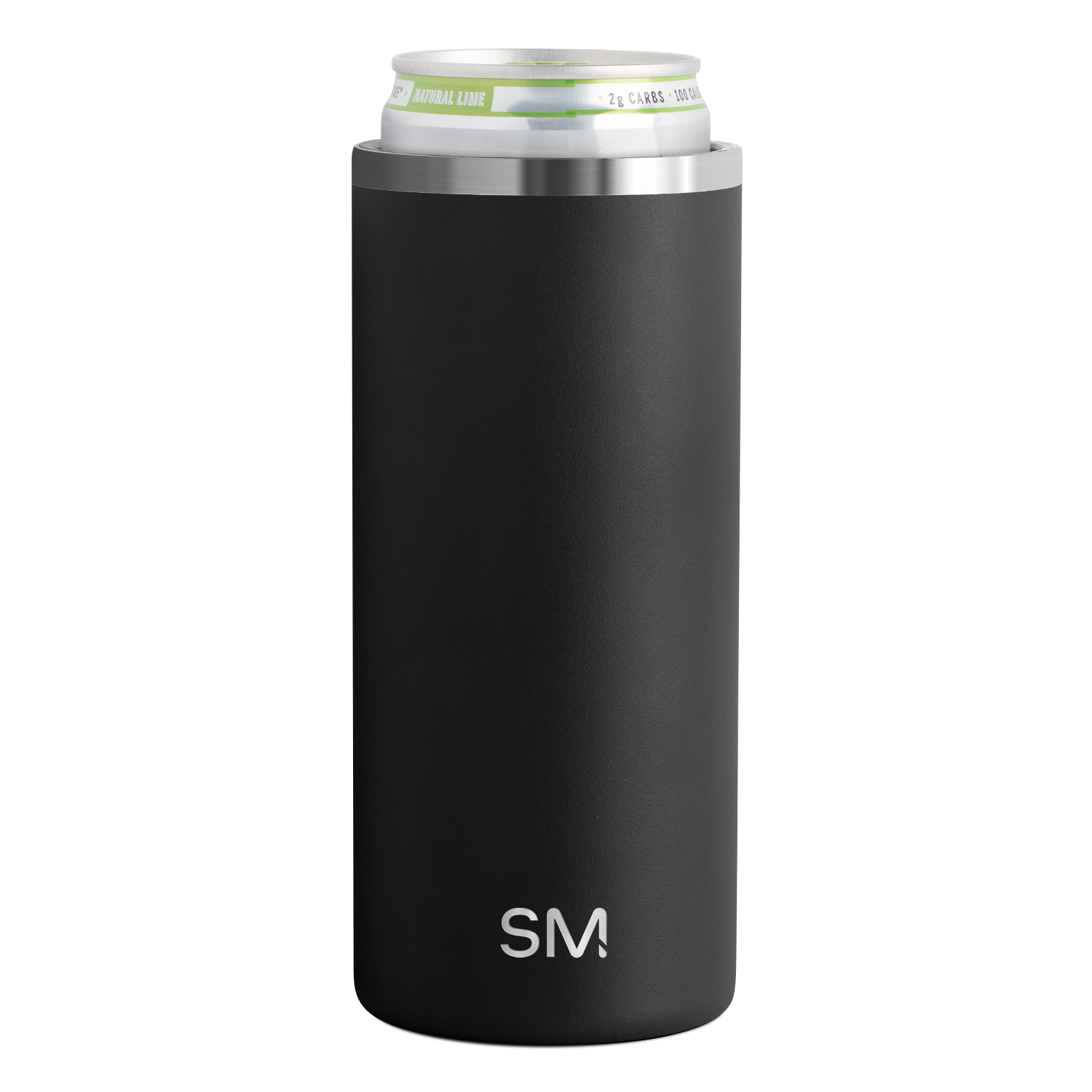Matte black can cooler with textured finish and brushed stainless steel rim