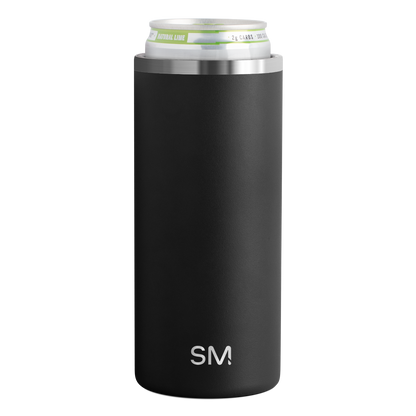 Matte black can cooler with textured finish and brushed stainless steel rim