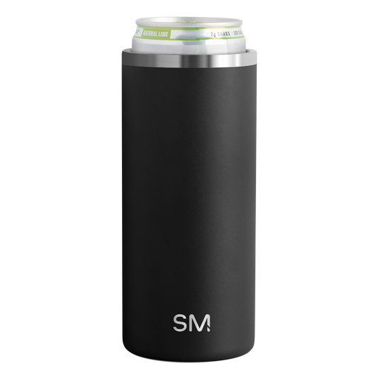 Matte black can cooler with textured finish and brushed stainless steel rim