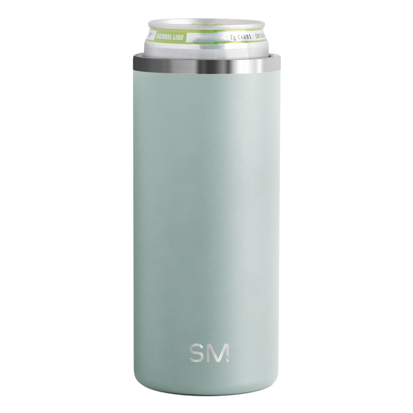 Slim cylindrical sage green neoprene can cooler with brushed stainless steel bands at top and bottom rims