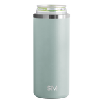 Slim cylindrical sage green neoprene can cooler with brushed stainless steel bands at top and bottom rims
