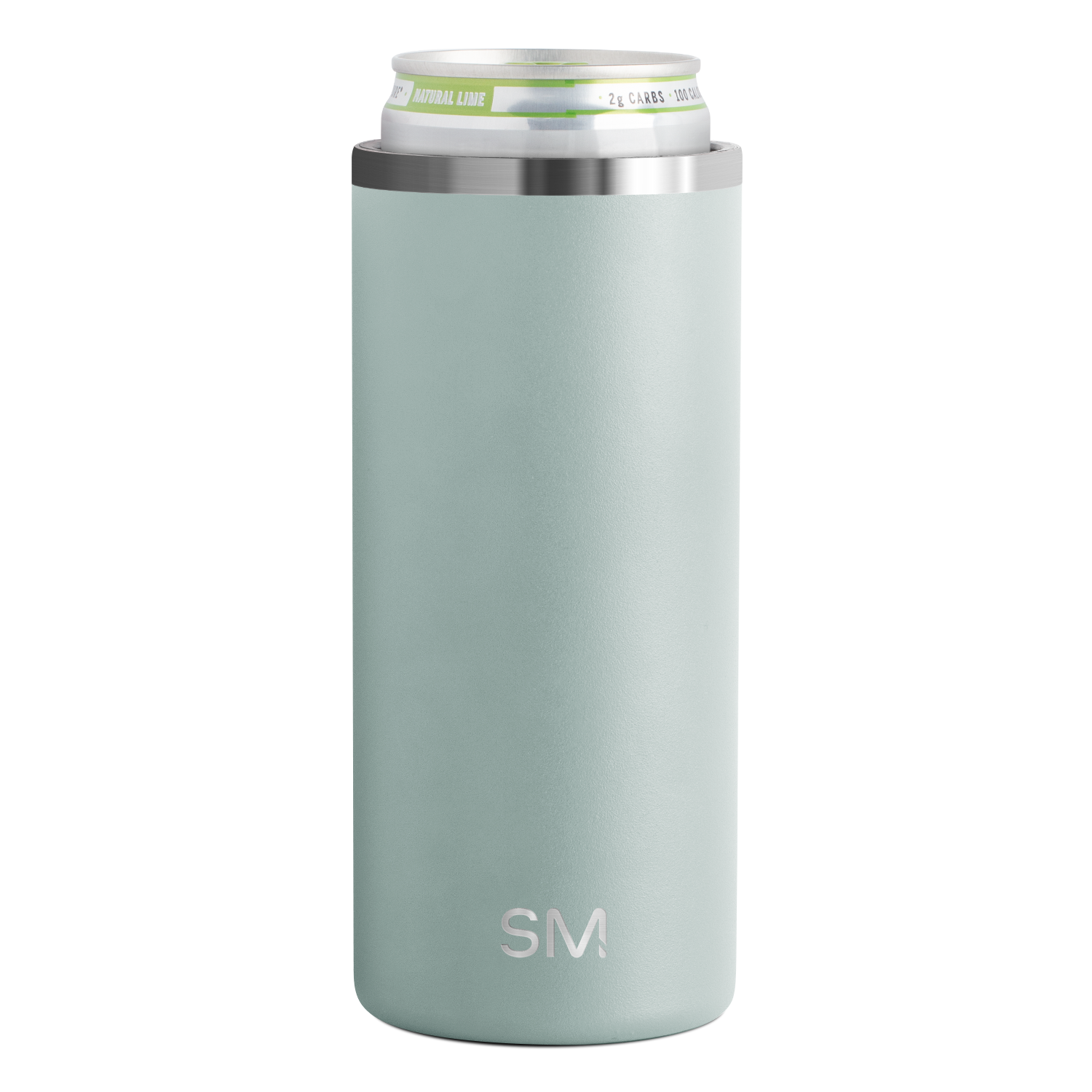 Slim cylindrical sage green neoprene can cooler with brushed stainless steel bands at top and bottom rims