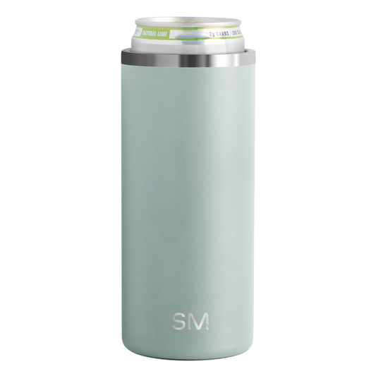 Slim cylindrical sage green neoprene can cooler with brushed stainless steel bands at top and bottom rims