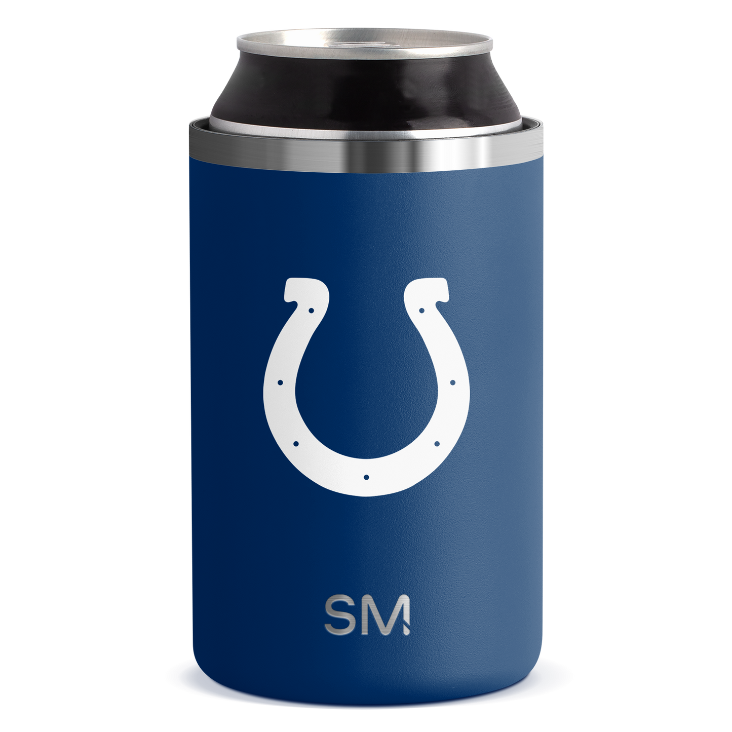 Navy blue cylindrical can holder with brushed silver metal bands at top and middle, white logo detail