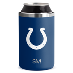 Navy blue cylindrical can holder with brushed silver metal bands at top and middle, white logo detail