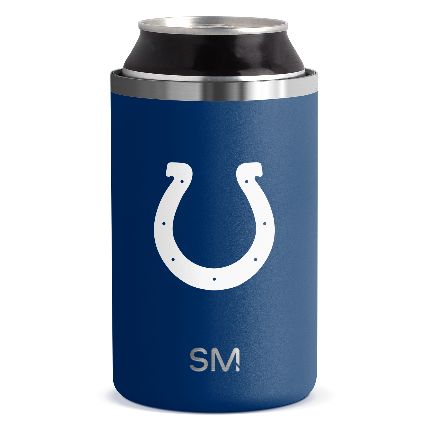 Navy blue cylindrical can holder with brushed silver metal bands at top and middle, white logo detail