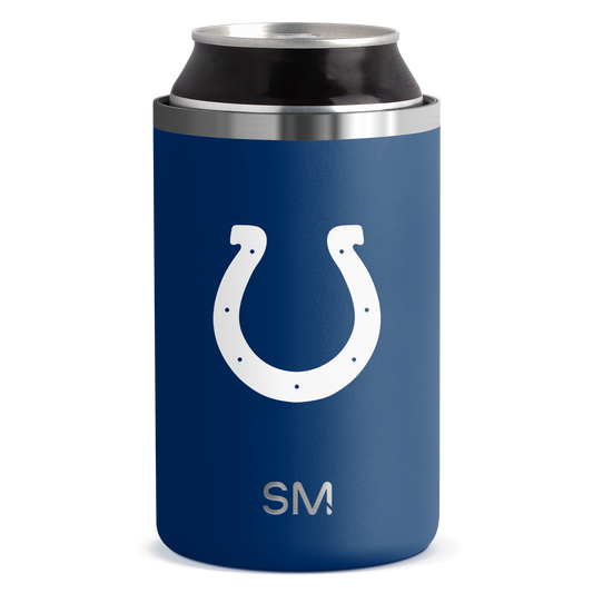 Navy blue cylindrical can holder with brushed silver metal bands at top and middle, white logo detail