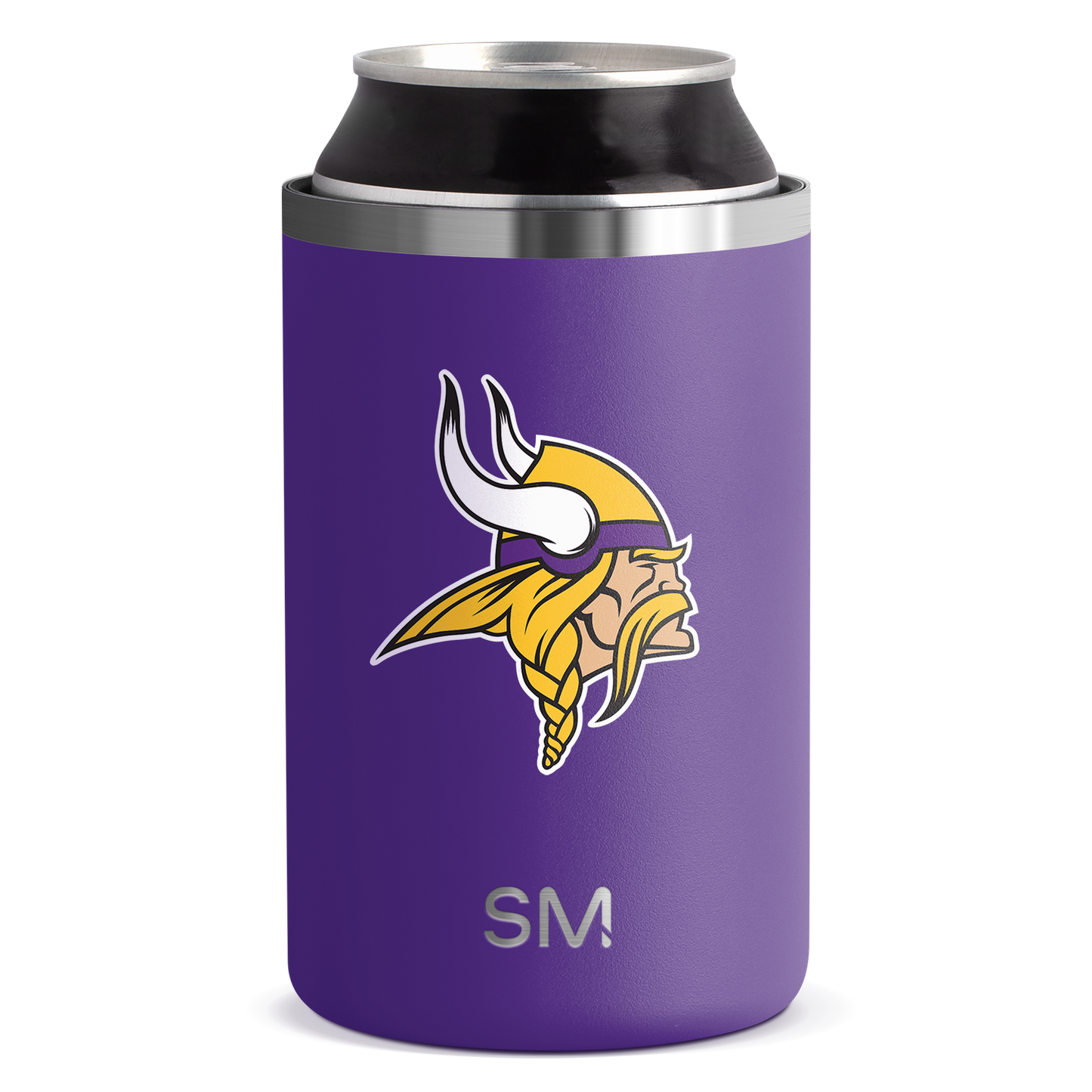 Purple product with yellow and white logo graphic and brushed stainless steel trim at top