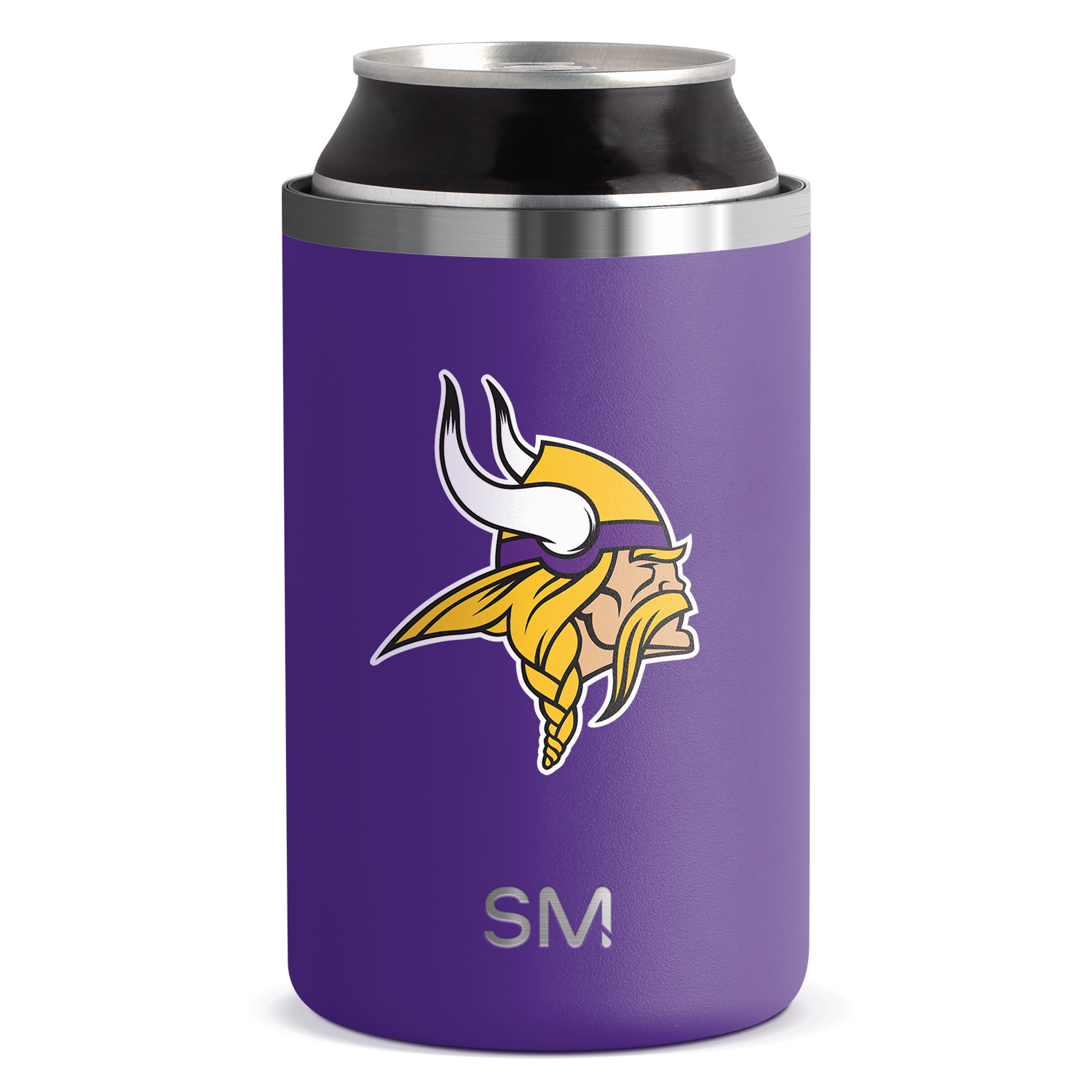 Purple product with yellow and white logo graphic and brushed stainless steel trim at top