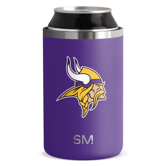 Purple product with yellow and white logo graphic and brushed stainless steel trim at top