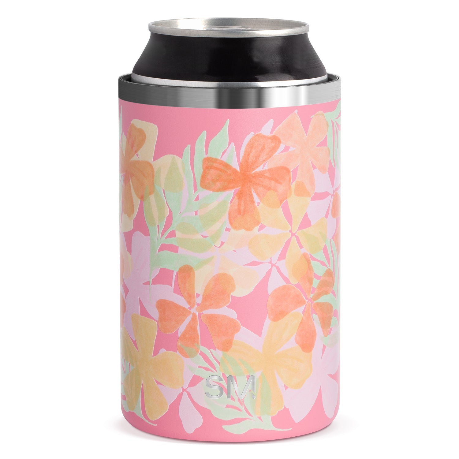 Pink and coral insulated can cooler from Simple Modern with stainless steel band, featuring botanical floral design in watercolor style, double-wall construction, isolated on white background.