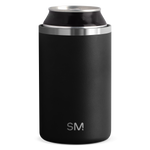 Matte black cylindrical brand can cooler displayed against white background