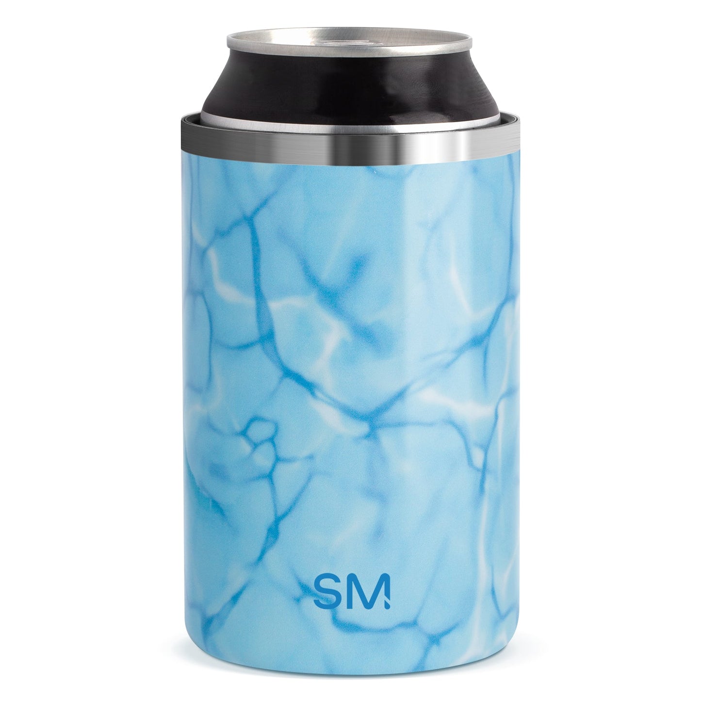 Light blue marbled can cooler with darker blue veining, brushed silver metal rim bands, and SM logo. Double-walled insulated beverage holder on white background.