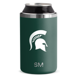 Forest green can cooler with brushed stainless steel band accents on upper rim and lower base