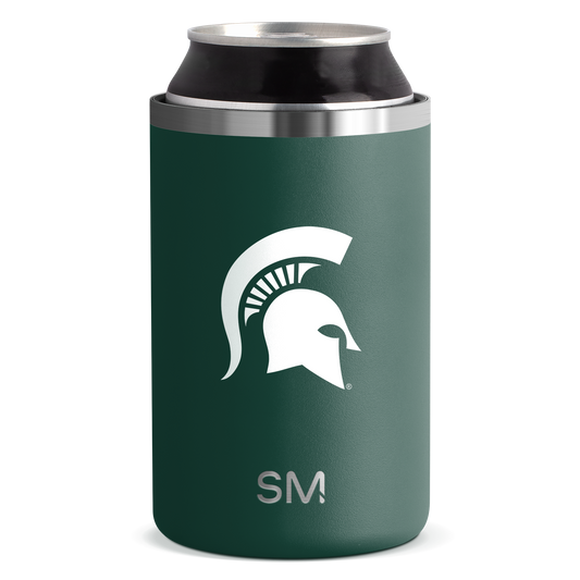 Forest green can cooler with brushed stainless steel band accents on upper rim and lower base