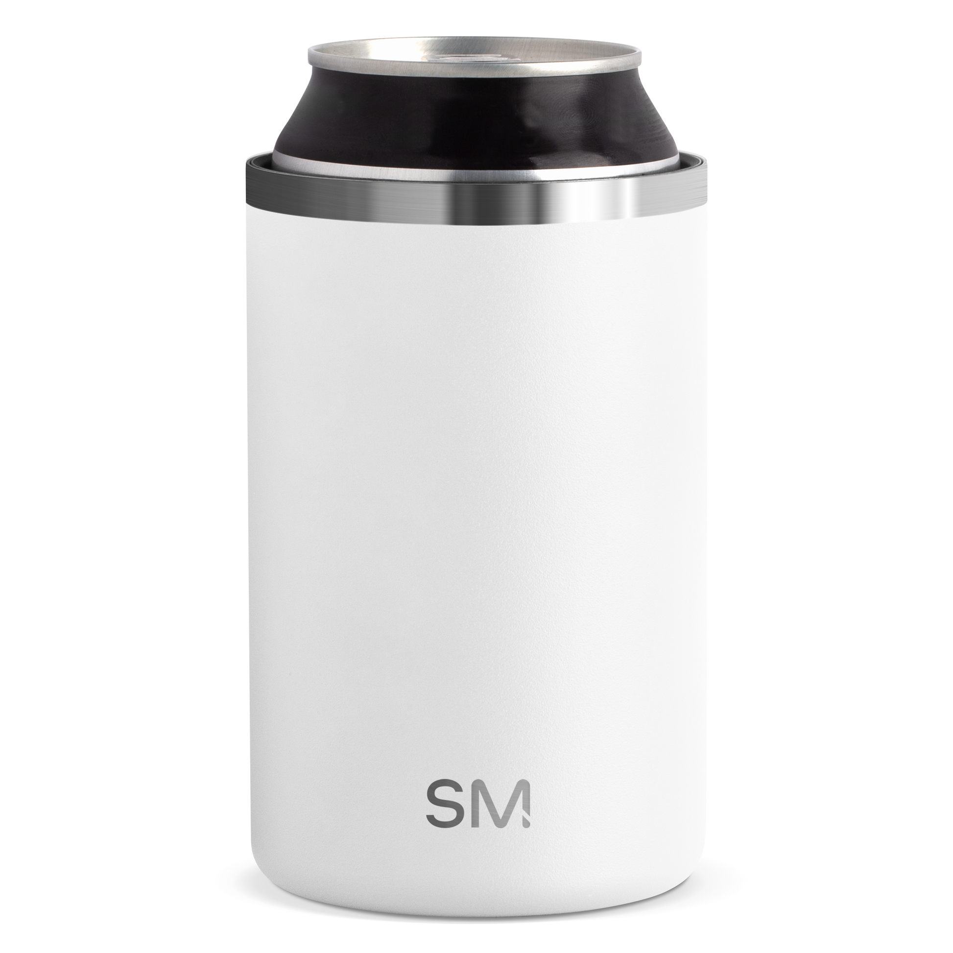 White cylindrical vessel with brushed stainless steel rim and band, clean minimalist design on white background