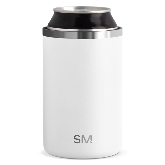 White cylindrical vessel with brushed stainless steel rim and band, clean minimalist design on white background