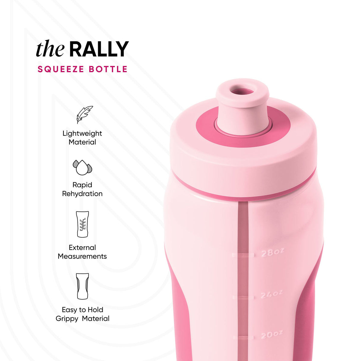 Soft light pink relay squeeze connector with hot pink accents on neutral off-white background, technical product image showing RLY-SQZ-30-BRM-M model