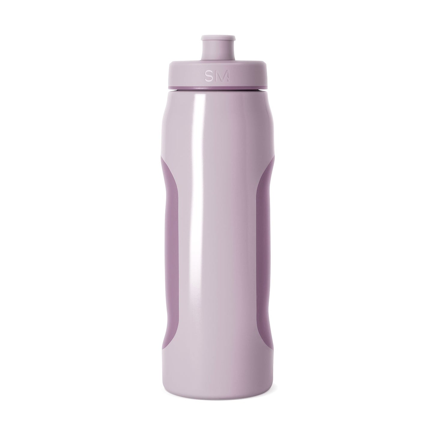 Pale mauve cylindrical water bottle with curved ergonomic insets on white background, front view product shot