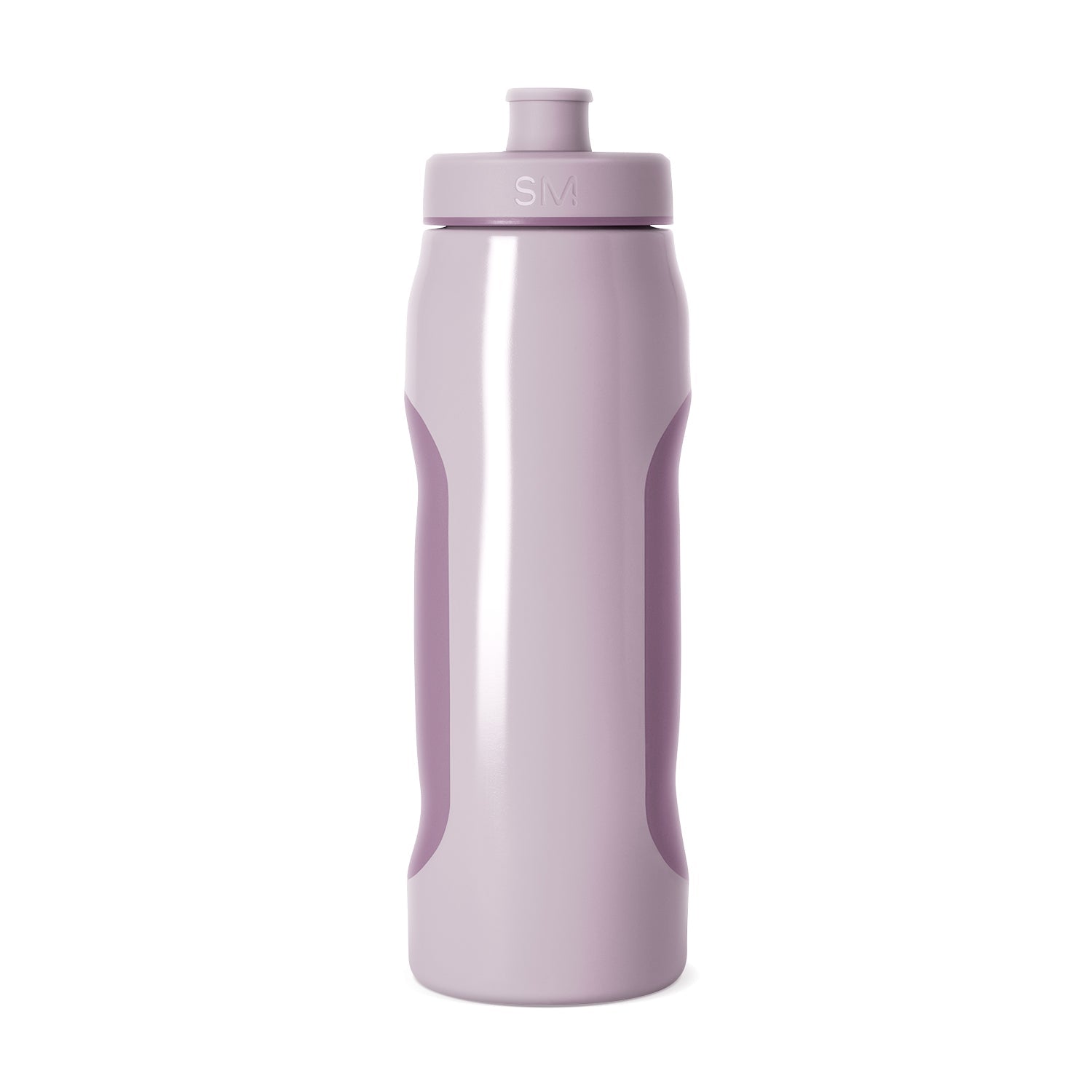 Pale mauve cylindrical water bottle with curved ergonomic insets on white background, front view product shot